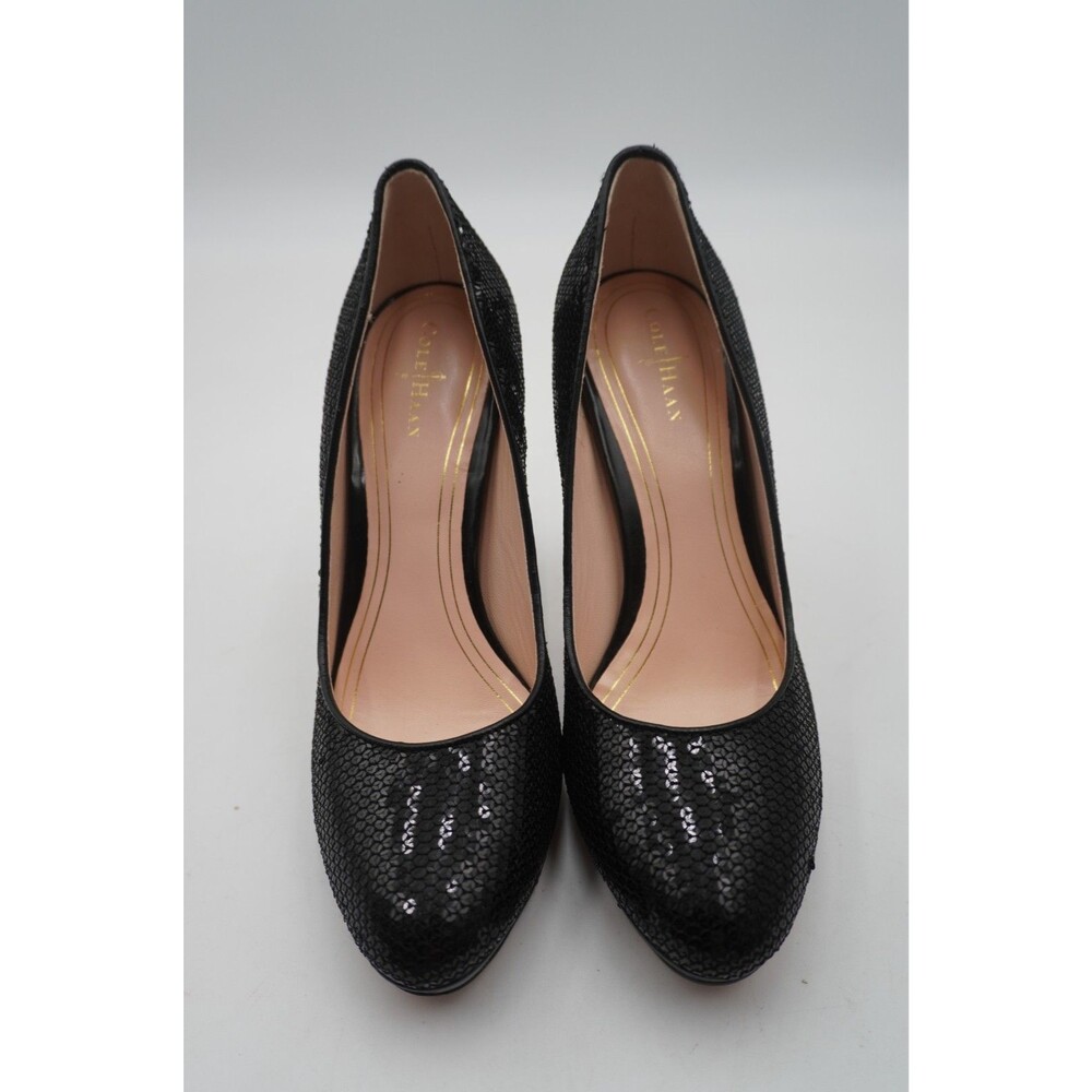 Cole Haan Chelsea Black Sequin Platform Pump Heels Almond Toe Stilettos Size 8B